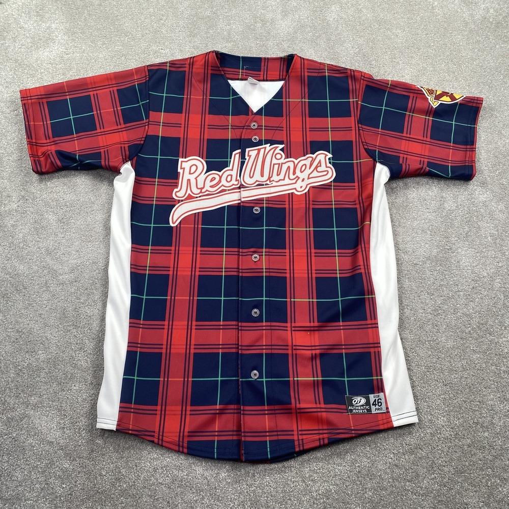 VTG Rochester Red Wings Jersey Mens 46 Red Blue Plaid MiLB Baseball Autographed